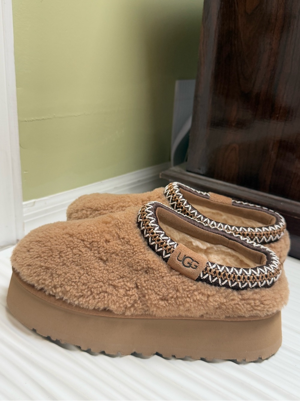 UGG Chestnut Brown Shearling Braided-Trim Platform Slippers